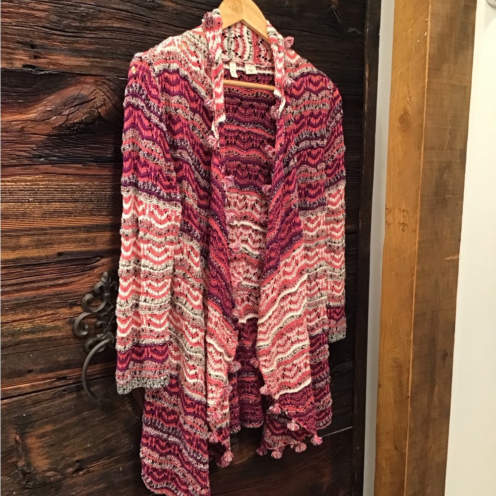 Moth Womens Crochet Cardigan Open Front Sweater Size M Fringe Stripes Poms Boho - Picture 4 of 15